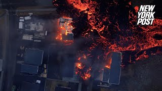 Video shows the moment lava pours over a home in Grindavik Iceland [upl. by Mannos597]