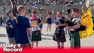 Scotland at Euro 2024 Scots fans play bagpipes outside Cologne Cathedral as Switzerland match looms [upl. by Darryn]