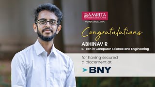 Abhinav Placed at BNY Mellon  Student Success Story  Amrita Vishwa Vidyapeetham [upl. by Anedal]