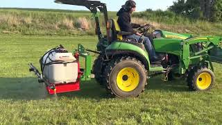 7 John Deere 2025r with FIMCO 40 Gallon 3 point hitch sprayer weedandfeed johndeere2025r [upl. by Eittod]