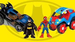 Batman Imaginext Batmobile Races VS Spiderman Buggy Playskool Toys spider man [upl. by Ahsirtal762]