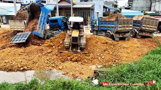 Powerful strong action MITSUBISHI BD2GII Dozer push soil into water with 5ton dump trucks stuck load [upl. by Armington719]