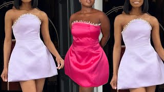 How to sew this stylish structured bell shaped dress with curved strapless neckline amp pearls beading [upl. by Aynosal]