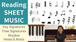 How to read SHEET MUSIC Key Signatures Time Signatures Notes amp Rests Beginner Piano Lessons 9 [upl. by Nicolea]