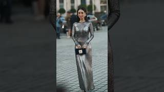 Heart Evangelista wears silver sequined dress  Schiaparelli show parisfashionweek streetstyle [upl. by Nauqed]