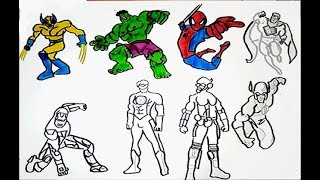 ALL SUPERHEROES Coloring pages HULK IRON MAN SPIDERMAN SUPERMAN WOLVERINEFLASH drawing colors [upl. by Nywra]