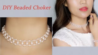 Easy DIY Pearl and Crystal Beading Choker Necklace with Lace Texture  DIY Handmade Jewelry Tutorial [upl. by Onirefez330]