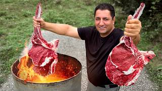 Recipe for Real Tomahawk Steaks on the Fire Making a Homemade Barrel Grill for Outdoor Cooking [upl. by Amata]