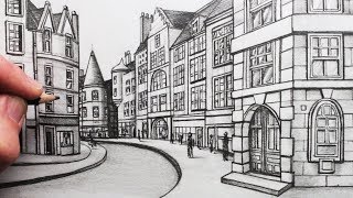 How to Draw Buildings in Perspective A Street in Edinburgh [upl. by Yelac]