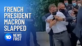 French President Macron Slapped in Face During Village Visit  10 News First [upl. by Yadseut10]