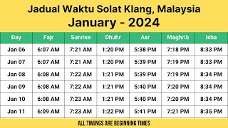 Jadual Waktu Solat Klang Malaysia January  2024  Klang Prayer Times [upl. by Rabin]