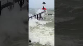 Insane Drone Footage 50 MPH Winds Huge Storm Surge amp Waves Michigan City lighthouse storm drone [upl. by Fabrice191]