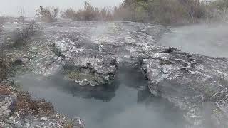 Rotorua NZ in het Maoridorp Whakarewarewa zijn ook heetwaterbronnen met zwaveldampen [upl. by Kcered]