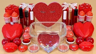 RED SLIME  Mixing Makeup Glitter and Beads into Clear Slime ASMR Slime [upl. by Gilchrist299]