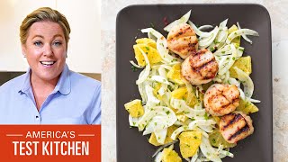 How to Make Grilled Scallops with Fennel and Orange Salad and Summer Fruit Tartlets [upl. by Hgielra728]