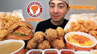 MUKBANG EATING Popeyes FRIED Chicken SPICY Chicken Sandwich Mac amp Cheese With EXTRA Gravy amp Fries [upl. by Leorsiy]