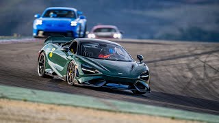 McLaren 765LT Spider 132 at Laguna Seca passing 992 GT3 on the Rahal Straight [upl. by Wileen]