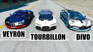 Bugatti Tourbillon vs Bugatti Divo vs Bugatti Veyron SS at Special Stage Route X [upl. by Tifanie]