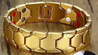 Pulseira Masculina Bracelete Magnético feita em Aço Titânio Banhado a Ouro 18K  Magnéticos [upl. by Neirbo]