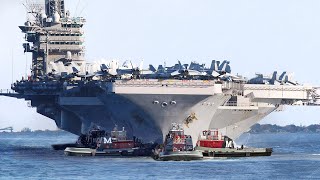 US Billions  Aircraft Carrier Taken Into Sea by Powerful Tugboats [upl. by Tillion246]