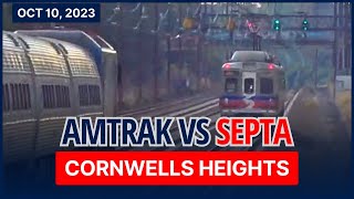 SEPTA Trenton Line Train 718 vs Amtrak Crescent 19  Cornwells Heights  Oct 10 2023 [upl. by Zoilla]