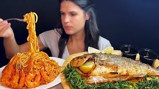 GREEK SHRIMP PASTA amp GRILLED FISH  MUKBANG  ASMR  EATING SOUNDS [upl. by Adas]