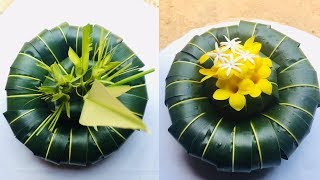 How to make a coconut leaf flower vasedecoration ideas with palm leaves [upl. by Noedig]