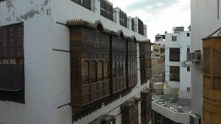 Aerial view of old houses with wooden mashrabiya in alBalad Mecca province Jeddah Saudi Arabia [upl. by Enorej]