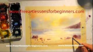 Free Art Lessons for Beginners  Painting with Watercolors SUNSET [upl. by Notlim]