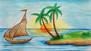 How to draw scenery of Island with water colour step by step [upl. by Aihsotal]