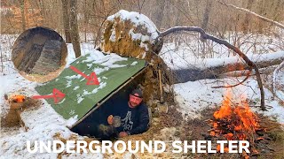 Solo Overnight Building an Underground Shelter and Fireplace In The Snow and Lil Smokies Bacon Chili [upl. by Ruffi]