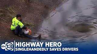 HIGHWAY HERO Faced with flood man singlehandedly saves motorists [upl. by Euhc881]