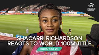 ShaCarri Richardson reacts to world 100m title  World Athletics Championships Budapest 23 [upl. by Effy348]