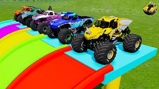 5 MONSTER TRUCK VS GIANT COLOR WATER SLIDE [upl. by Yhtorod456]