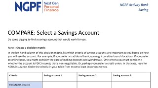 HOW TO SELECT A BANK ACCOUNT NGPF HOME SCHOOL ACTIVITY [upl. by Anselma]