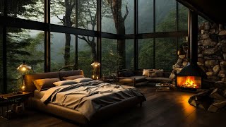 Cozy Bedroom In Forest Night  Rain On Window And Fireplace Sound To Sleep Focus Meditation [upl. by Maisel]