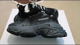 Balenciaga Triple S Triple Black PreDistressed Sneaker Unboxing [upl. by Tripp]