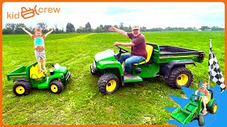 Farming race with Gator tractor truck ATV forklifts and chickens Educational  Kid Crew [upl. by Ecirtaemed]