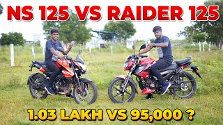 TVS Raider 125 vs Pulsar NS 125 in Tamil  Mileage   Onroad Price   Pros amp Cons [upl. by Nosnhoj708]