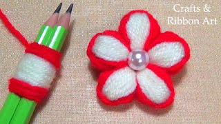 Super Easy Woolen Flower Making Ideas with Pencil  Hand Embroidery Amazing Trick  Sewing Hack [upl. by Melton]