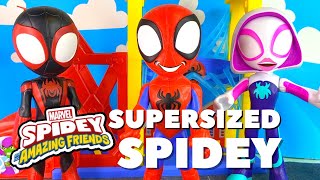 Supersized Spidey and His Amazing Friends try and stop Thanos Pretend Play with Spidey Toys [upl. by Lledal]