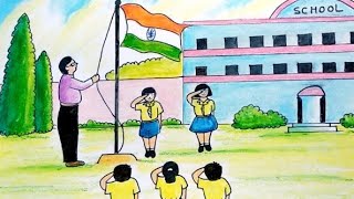 Easy Drawing of Independence Day Celebrations at School Independence Day Flag Hosting Drawing [upl. by Salvay]