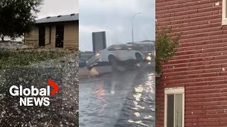 Calgary storm Large hail smashes windows damages cars and homes [upl. by Tully550]