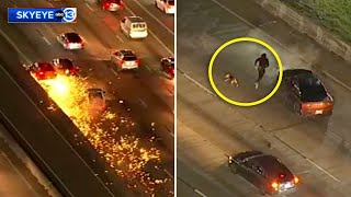 FULL Dodge Charger 100mph police chase Dog runs with suspect after I45 Gulf Freeway fiery crash [upl. by Omrelliug631]