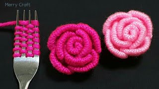 Easy Rose Flower Making Idea with Woolen  Hand Embroidery Amazing Trick  Sewing Hack  Wool Design [upl. by Inerney]