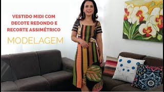 COMO FAZER VESTIDO MIDI COM DECOTE REDONDO E SAIA EVASE COM RECORTE ASSIMETRICO COM CÃ‰LIA ÃVILA [upl. by Iris]