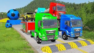 Double Flatbed Trailer Truck vs Speedbumps  Car vs Track vs Bus  BeamNG Ep 18 [upl. by Ranchod191]