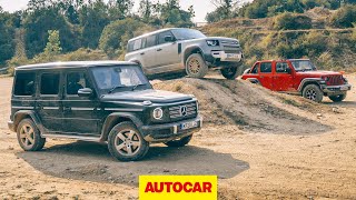 New Land Rover Defender meets Jeep Wrangler and MercedesBenz GClass offroad  Autocar [upl. by Amrak]