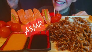 ASMR  FINALLY I PUBLISH THIS  CHEESY BLACKBEAN NOODLES  SALMON SASHIMI  EATING SOUND NO talking [upl. by Gollin]