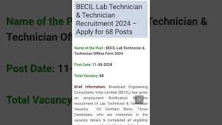 BECIL Lab Technician amp Technician Recruitment 2024 Apply for 68 Posts [upl. by Hsac]